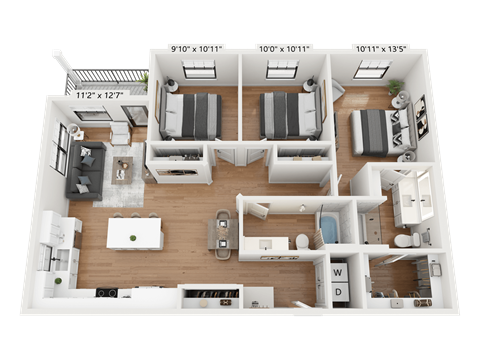 Floor plan for 3 beds, 2 baths, 1251 sqft